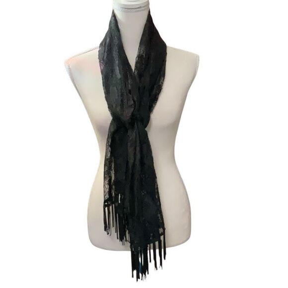 Black Lace Scarf Fringes 29”x 16” Rectangular - Picture 1 of 3